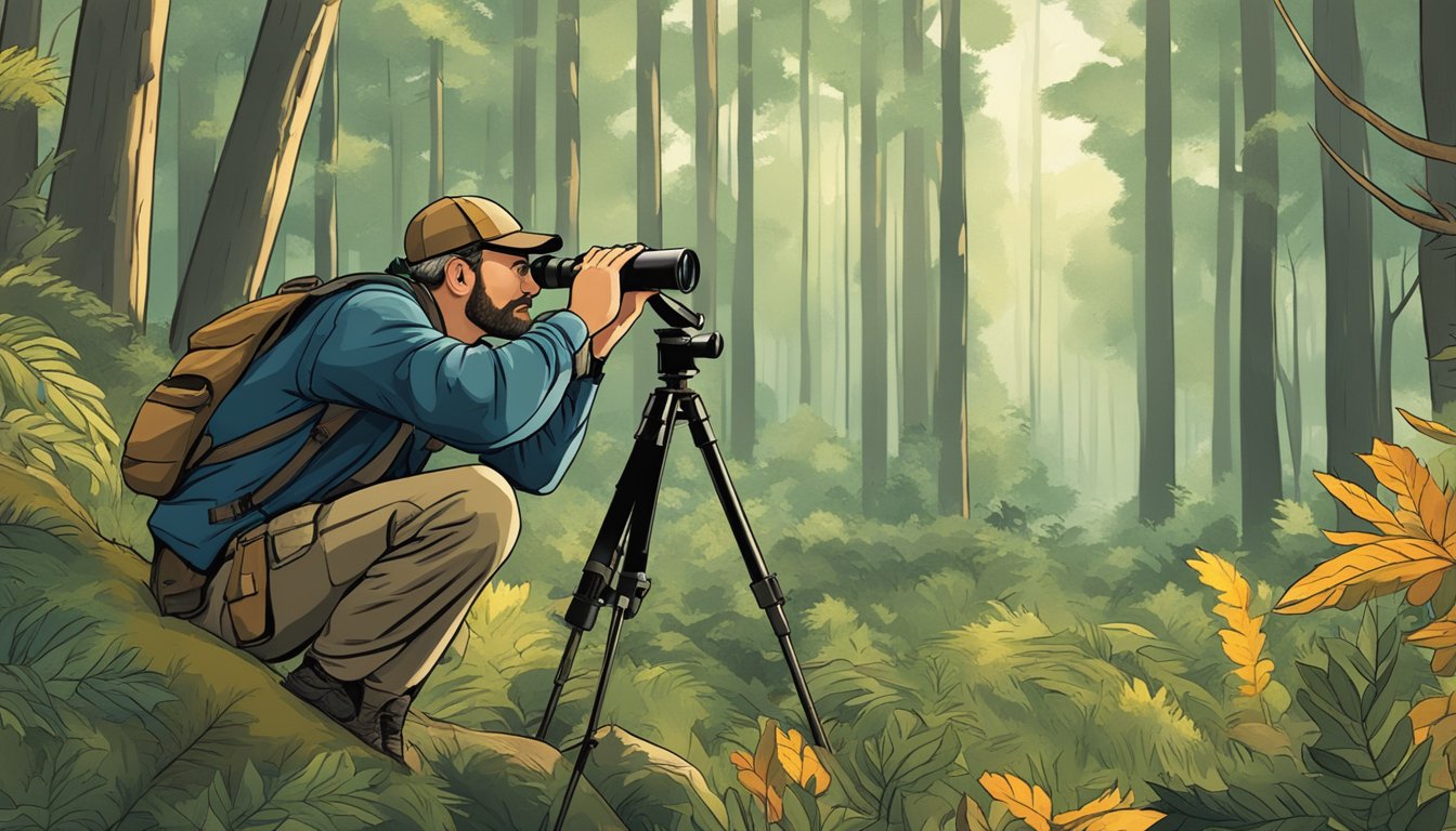 A hunter comparing binoculars and spotting scopes in a forest clearing, surrounded by trees and wildlife