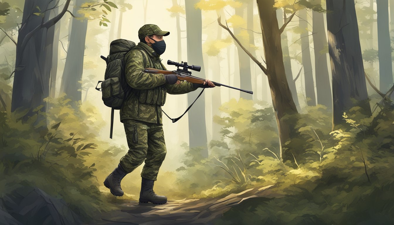 A hunter in full camouflage stands in a forest, wearing noise-reducing gear including a silent bow, quiet boots, and a sound-dampening face mask