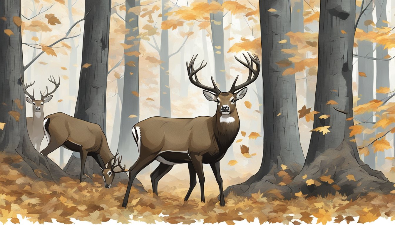 Two bucks locking antlers in a forest clearing, surrounded by fallen leaves and tall trees. The larger buck pushes the smaller one back, displaying dominance