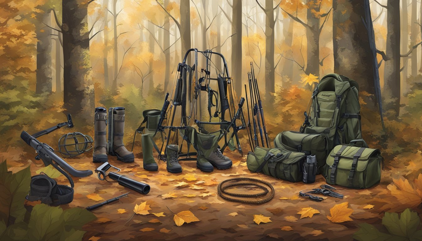 A hunter's tree stand and climbing gear arranged in a forest clearing, surrounded by fallen leaves and branches. Various noise-reducing accessories are displayed alongside the equipment