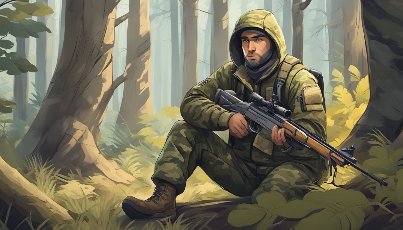 A hunter in camouflage gear crouches in a forest, wearing noise-reducing headphones and holding a silenced rifle. Nearby, a bow and arrow lie ready for use