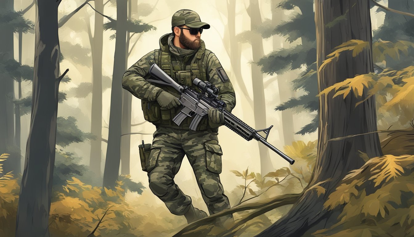 A hunter in camouflage gear, equipped with a suppressor and sound-dampening accessories, silently stalks through a dense forest, rifle at the ready