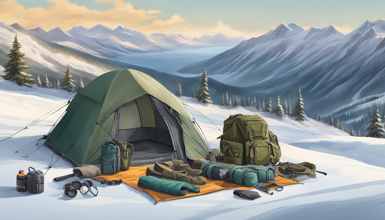 A rugged, snow-covered mountain landscape with a hunter's gear laid out - including a durable tent, warm clothing, and high-tech survival equipment