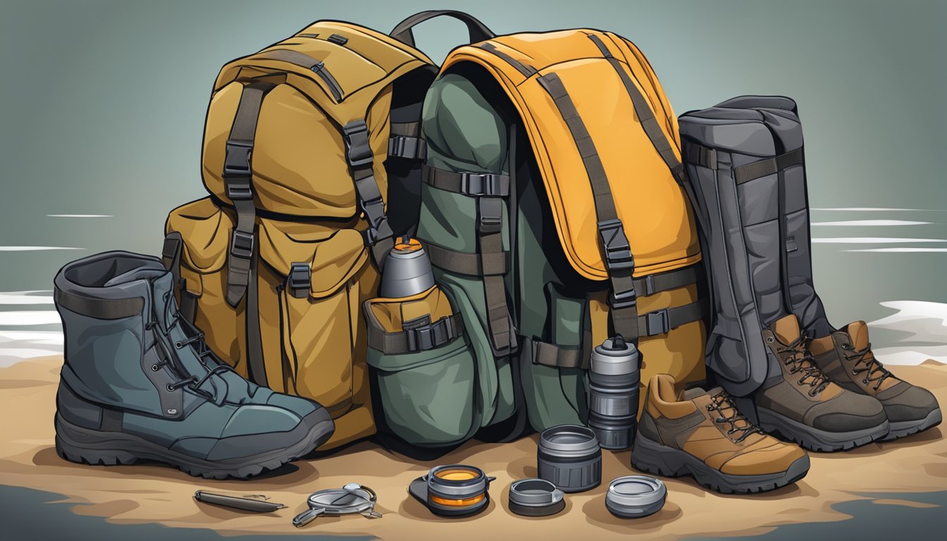 A hunter's backpack open on the ground, with weatherproof clothing, boots, and accessories laid out for extreme conditions