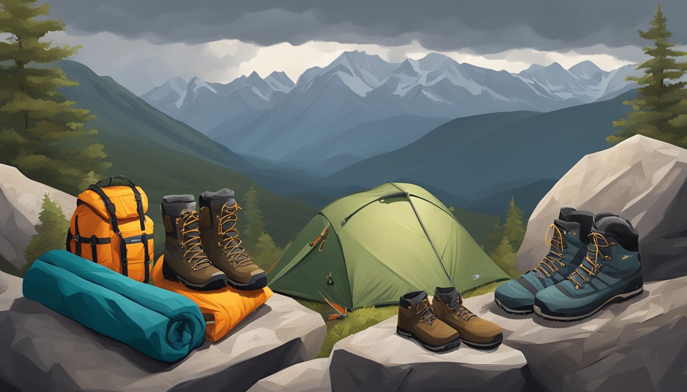 A hunter's gear laid out on a rocky ledge, including a sturdy tent, warm sleeping bag, insulated clothing, and waterproof boots, with a backdrop of rugged mountains and stormy skies