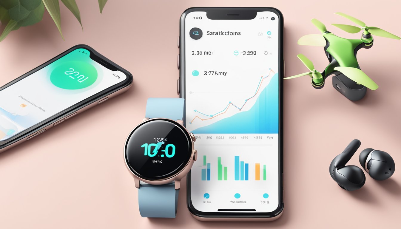 A sleek, modern smartwatch displaying notifications alongside a pair of wireless earbuds and a compact, high-tech drone hovering in the background