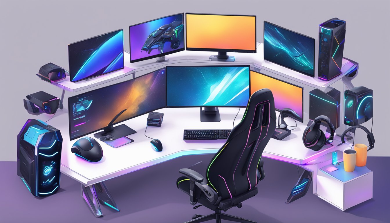 A sleek gaming setup with a high-performance PC, ergonomic chair, multi-screen display, RGB keyboard, mouse, and headset, surrounded by futuristic tech gadgets