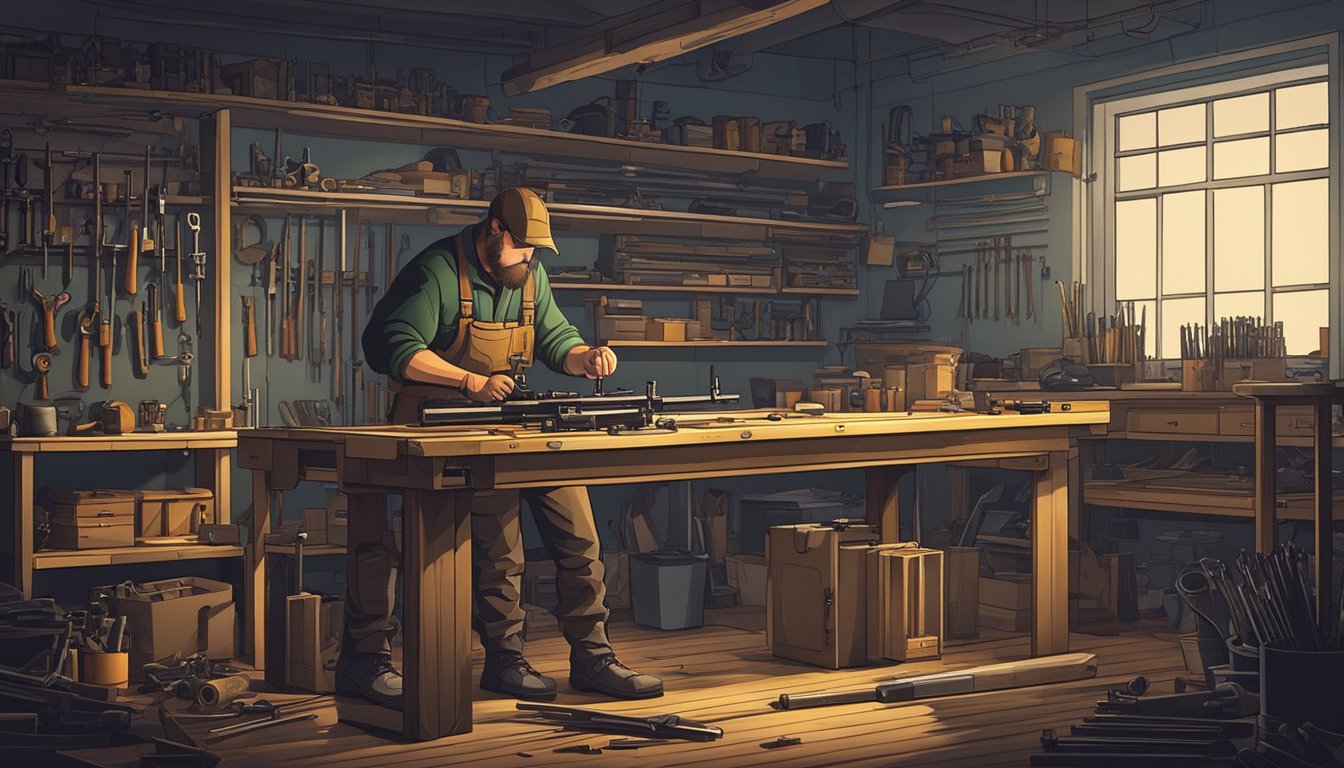 A hunter carefully selects and assembles rifle components on a workbench in a dimly lit workshop. Tools and parts are neatly organized around the workspace