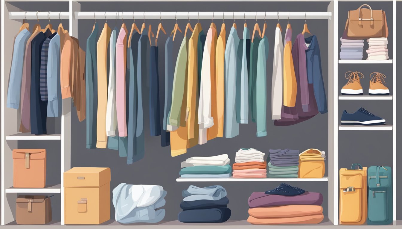 A neatly organized wardrobe with various clothing items laid out in layers, from undergarments to outerwear, showcasing a variety of textures and colors