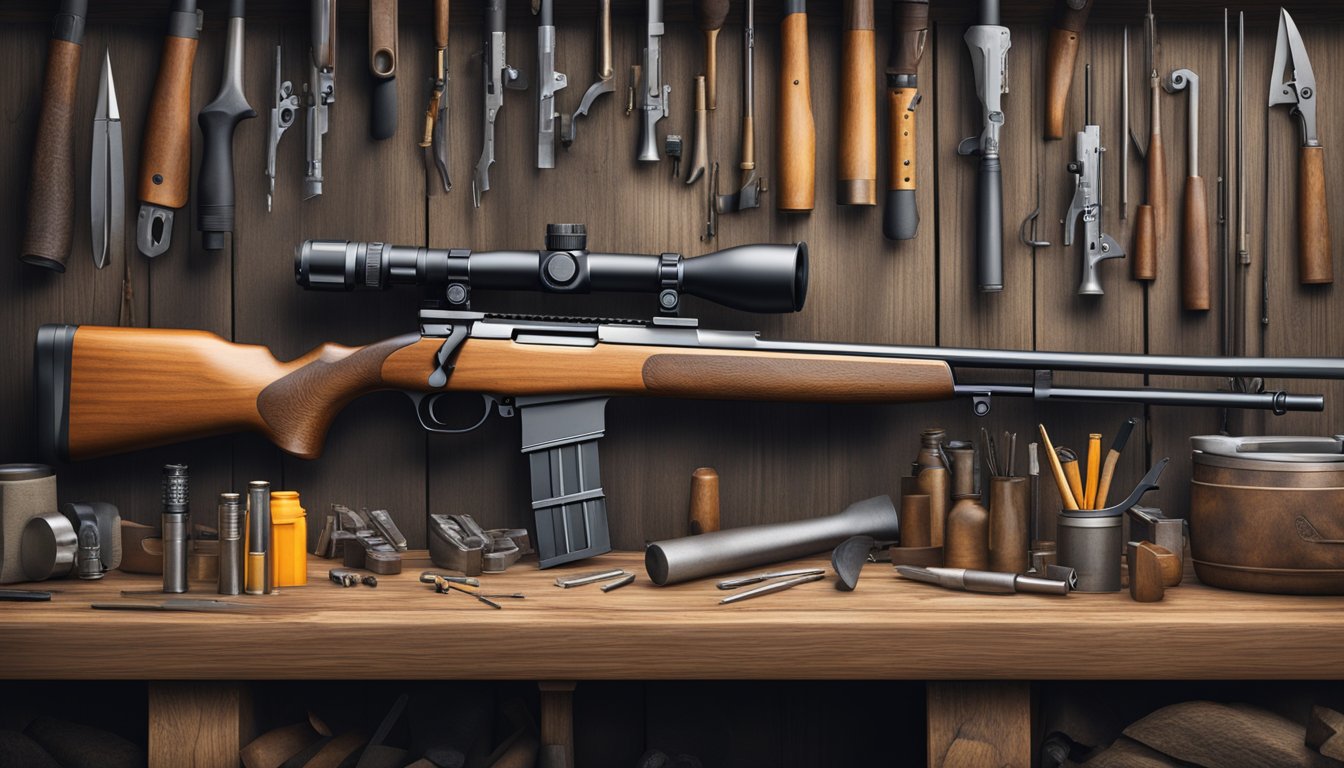 A hunter's rifle on a wooden workbench, surrounded by tools and various customizable parts, with a rugged outdoor backdrop