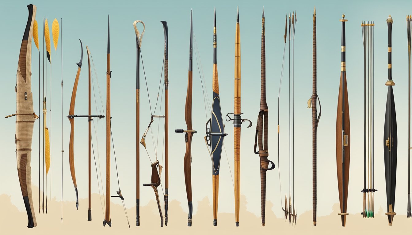 A collection of historical archery equipment, from traditional longbows to modern compound bows, displayed in a chronological order, showing the evolution of archery for hunting