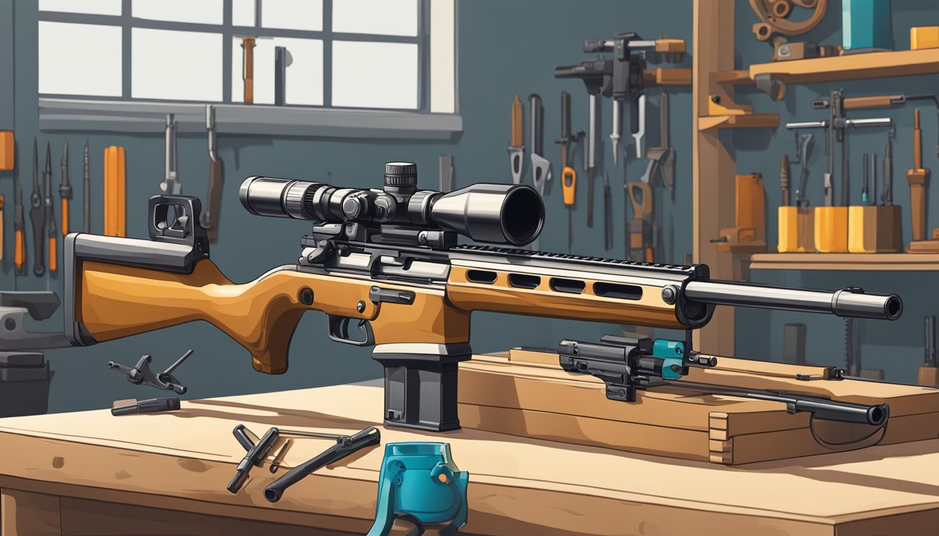 A rifle being customized with various attachments and modifications on a workbench in a well-lit workshop