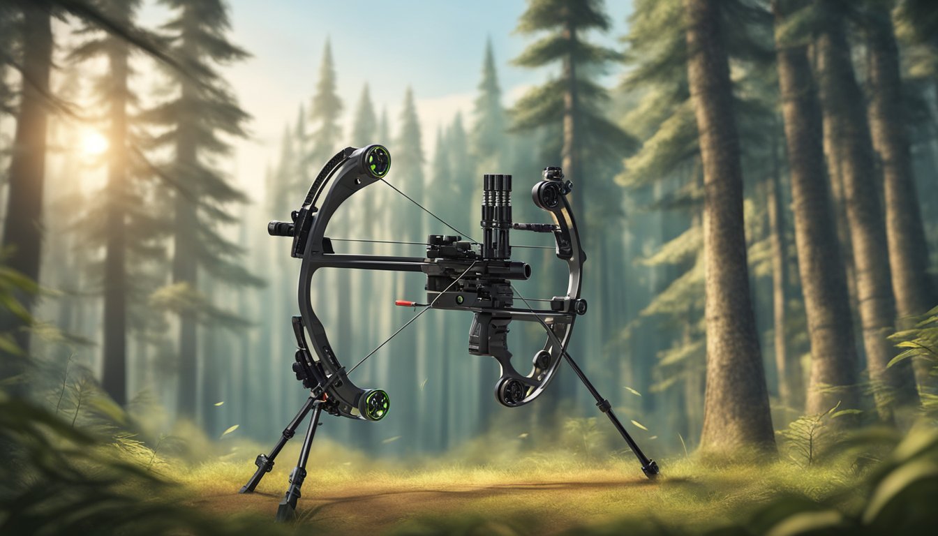 A bow with advanced accessories, such as a stabilizer and sight, is set against a backdrop of a forest with targets in the distance