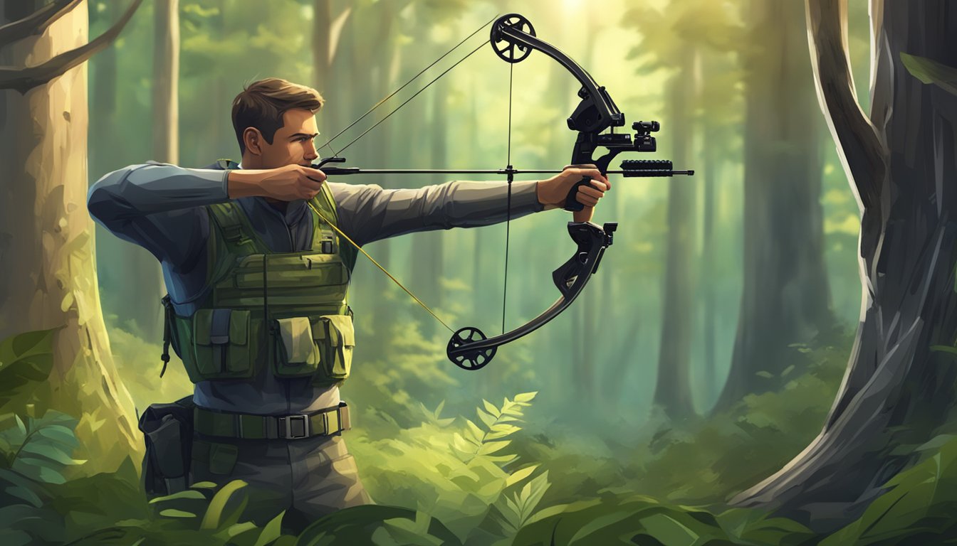 A hunter drawing back a high-tech compound bow, aiming at a target in a dense forest clearing. The bow is equipped with advanced sights and stabilizers