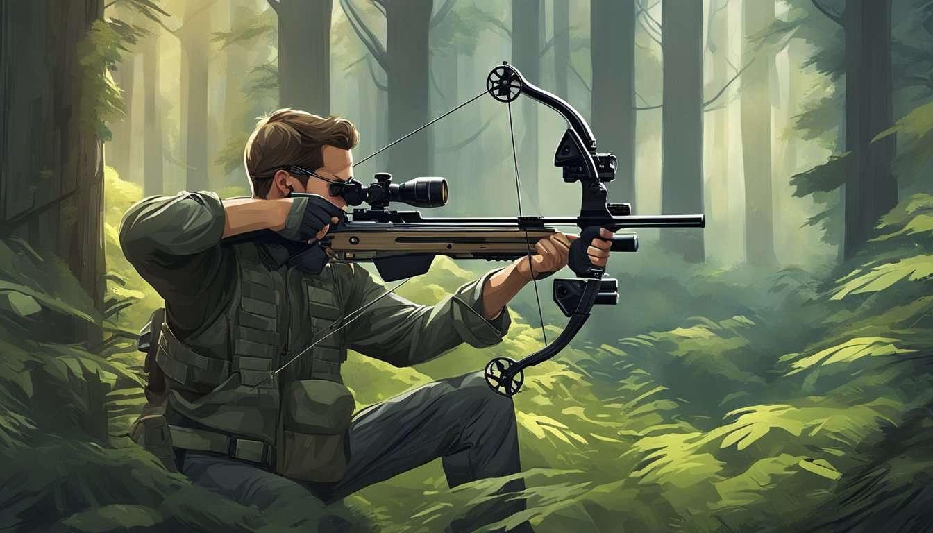 A hunter drawing back a sleek, high-tech compound bow in a dense forest, with a laser sight attached for precision aiming