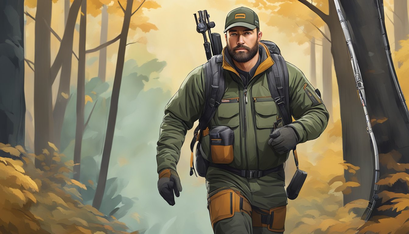 A hunter wearing scent-free gear, surrounded by advanced odor control technology, carefully navigating through the forest