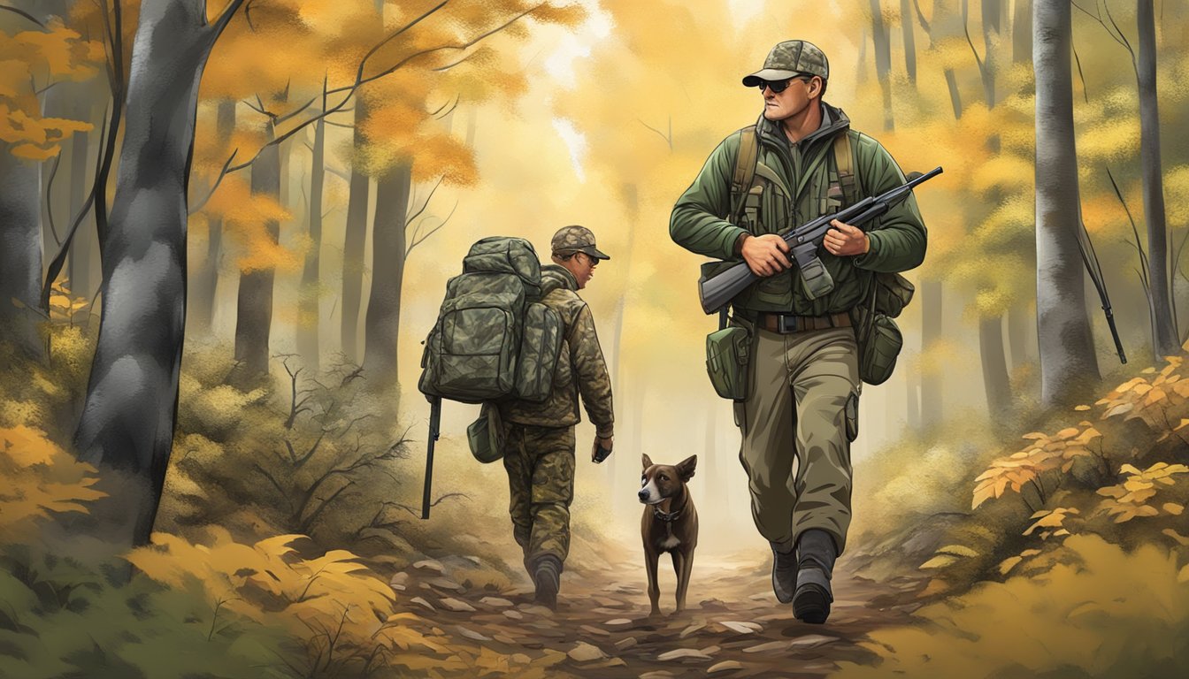 A hunter carrying lightweight, compact gear, such as a mobile blind, decoys, and a lightweight firearm, while moving through dense woodland