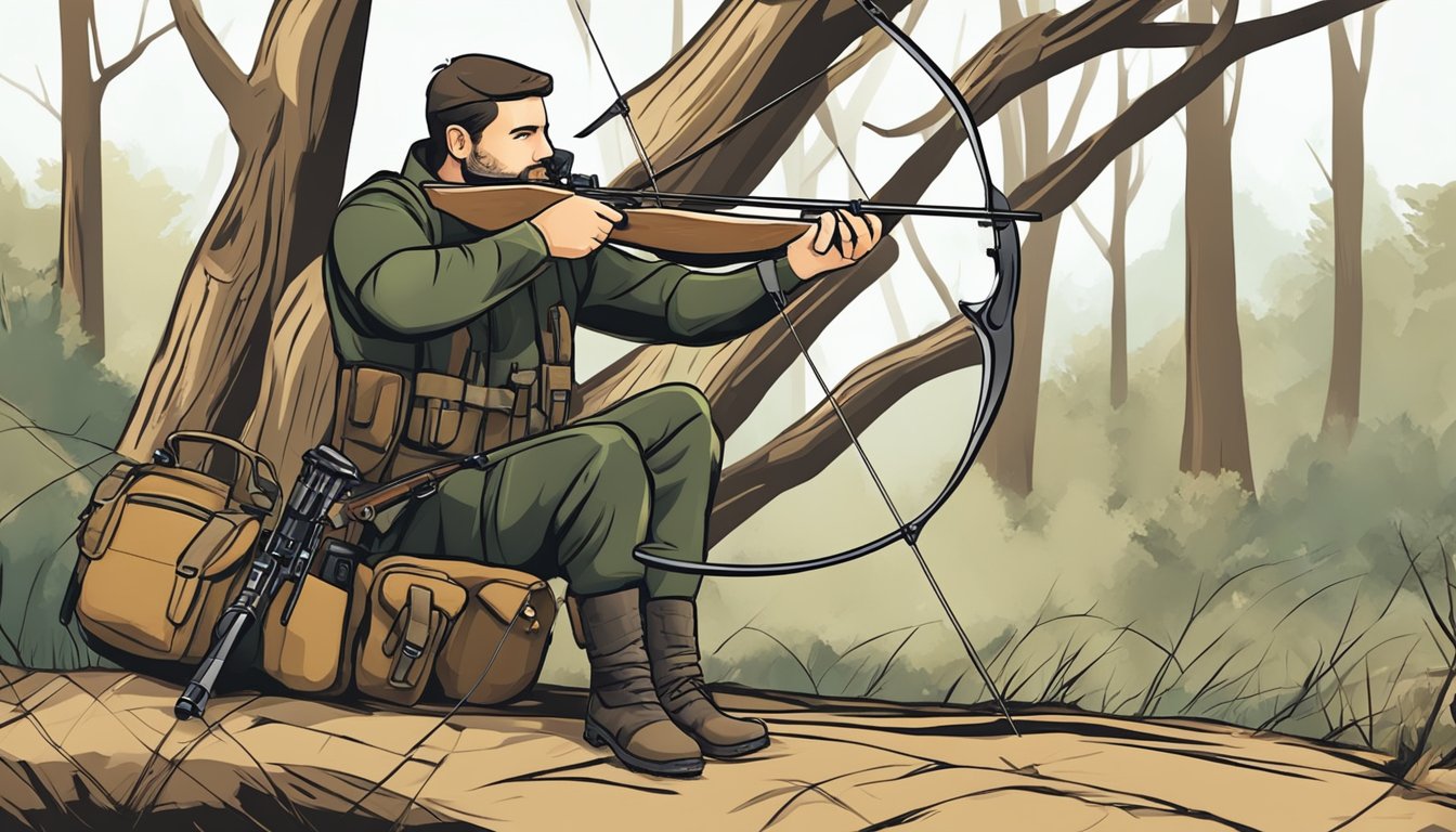 A hunter customizes their bow, adding new sights and a stabilizer, while maintaining the string and checking for any damage