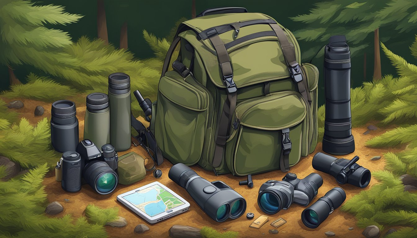 A hunter's backpack open with a rifle, binoculars, and a GPS unit laid out on a forest floor