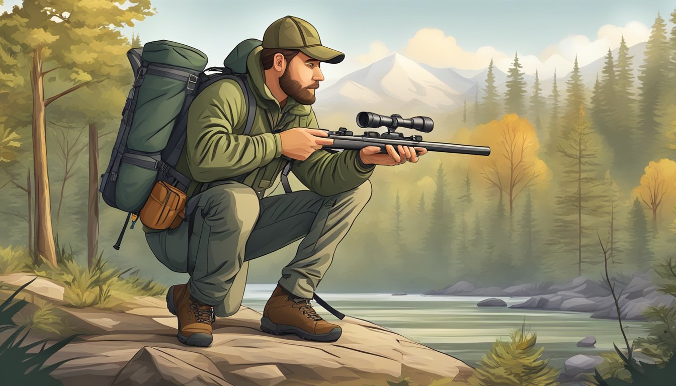 A hunter packs a lightweight backpack with binoculars, a compact rifle, and a portable tripod, ready for quick movement in the wilderness