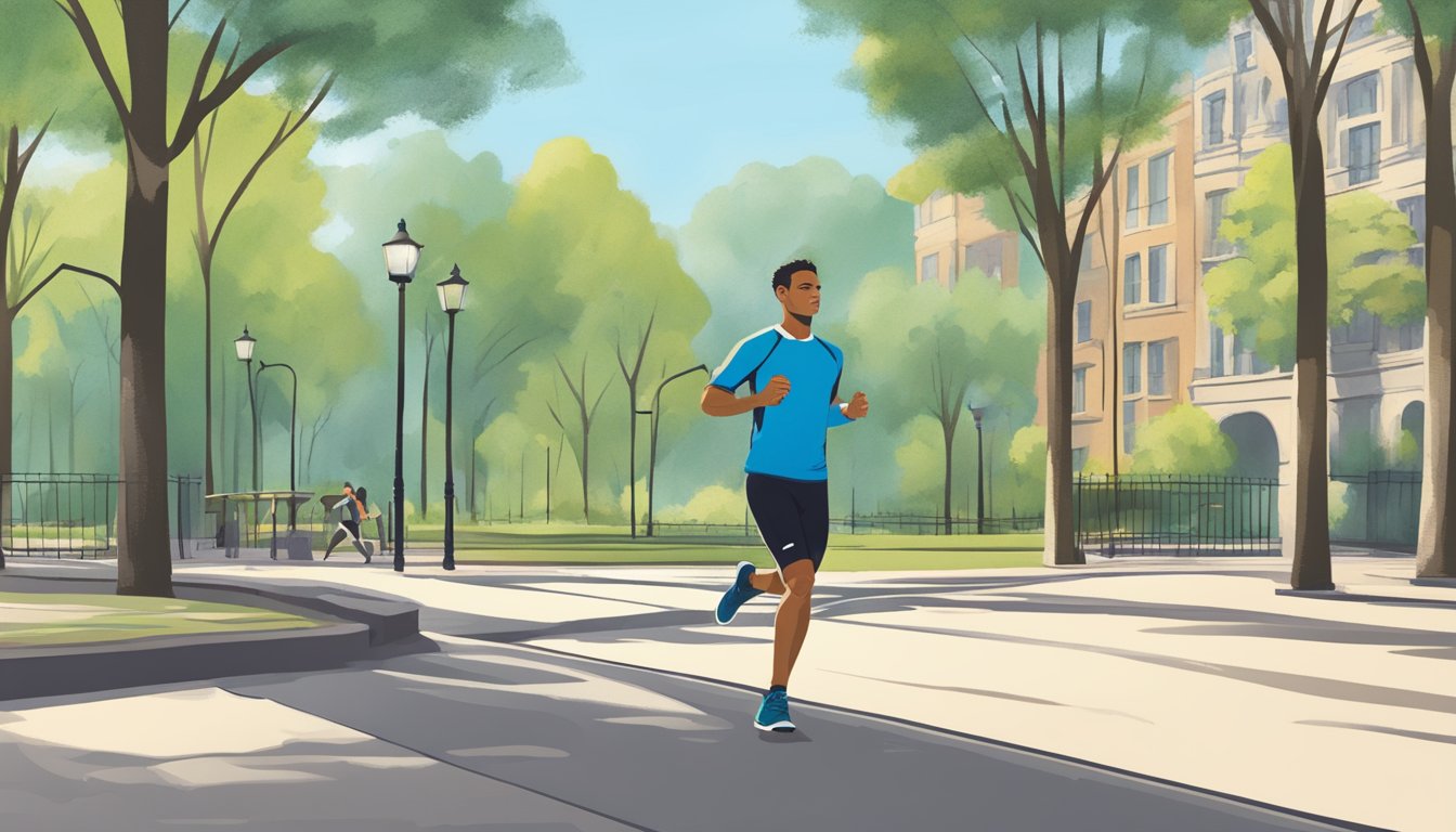 A runner effortlessly glides through a city park, wearing high-quality activewear that looks and performs like top-tier gear, despite its affordable price tag