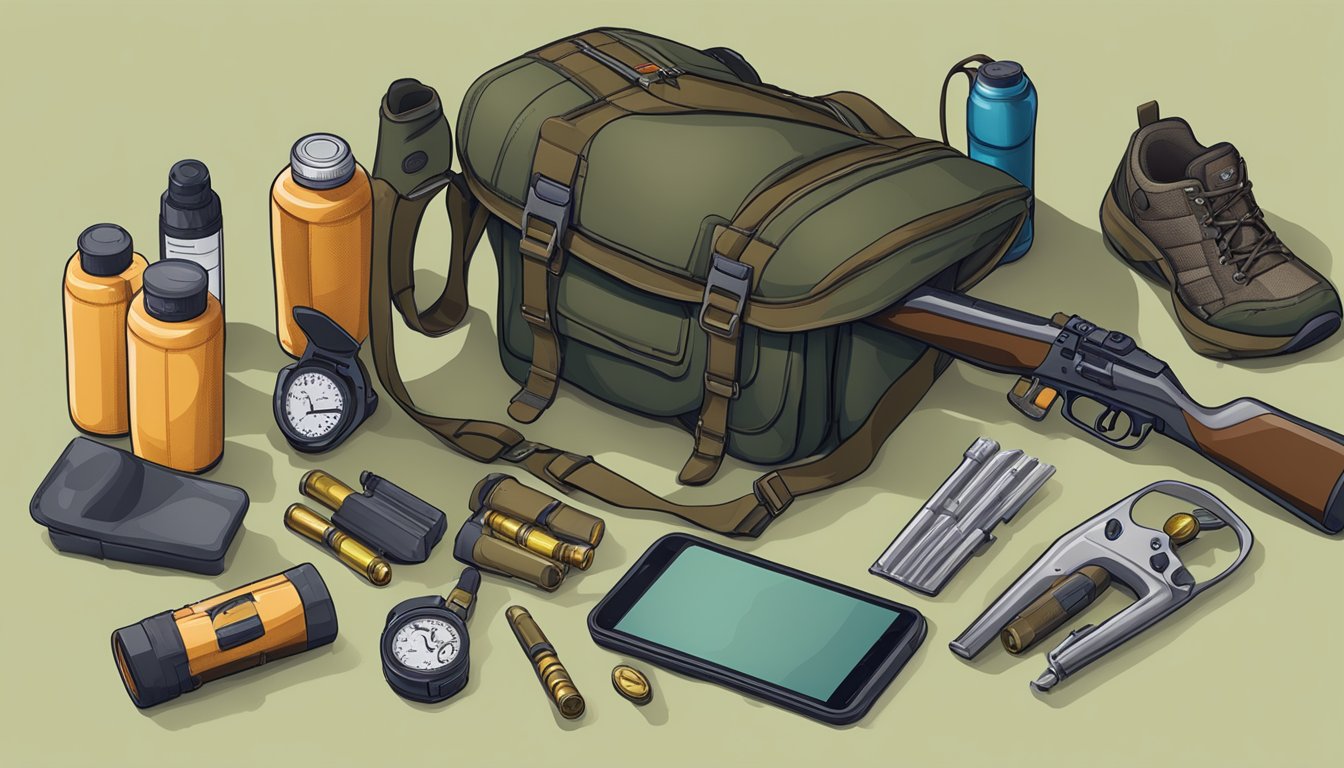 A hunter's backpack open on the ground, with a shotgun, ammo, and a handheld GPS device laid out next to it