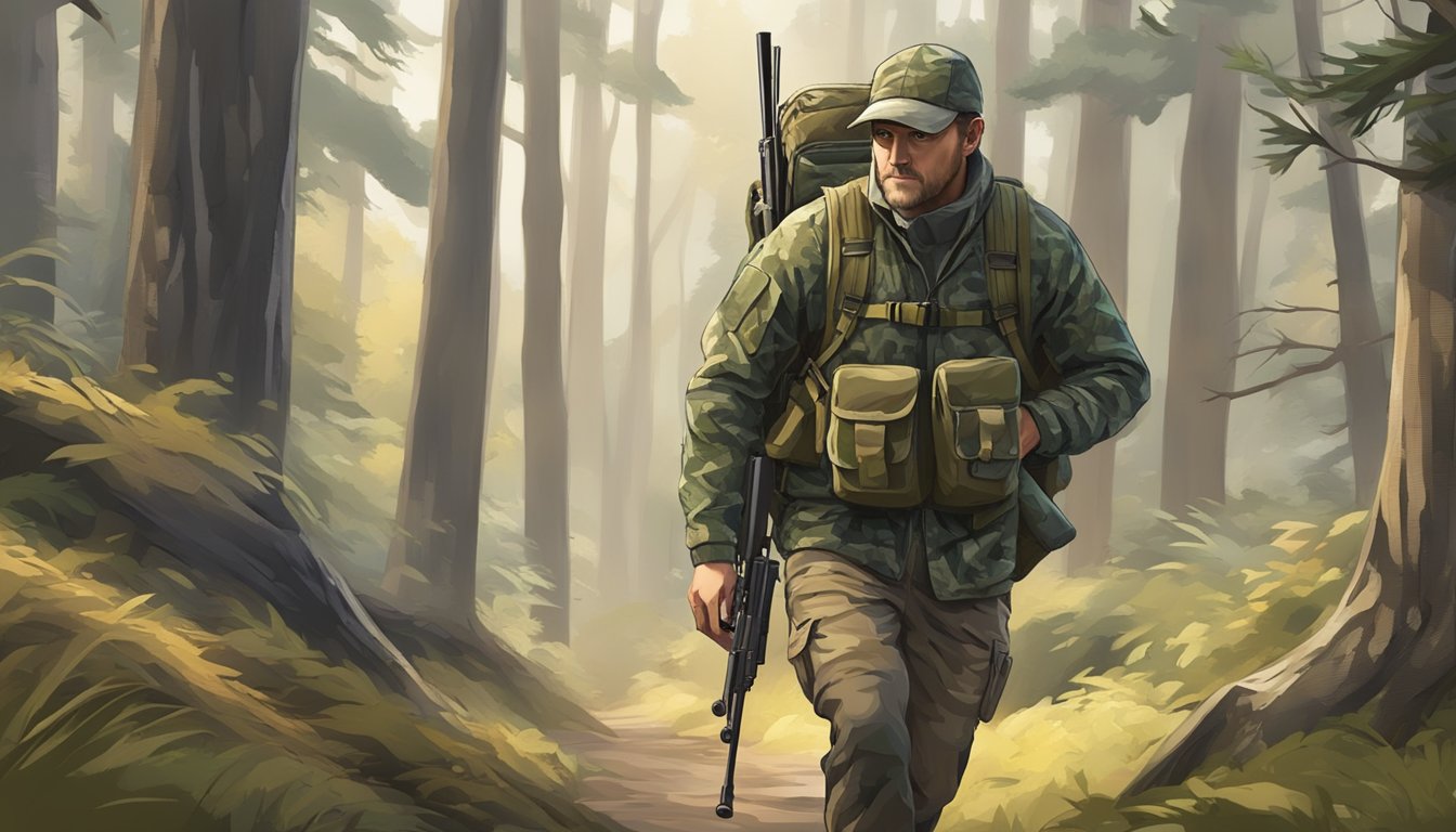 A hunter carrying a lightweight backpack and a compact rifle, while wearing camouflage clothing and a hunting pack, moving stealthily through a wooded area