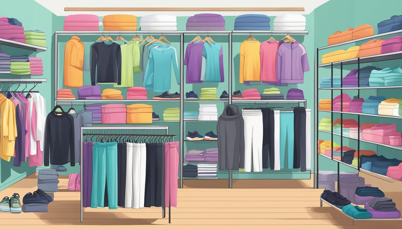 A diverse array of budget-friendly activewear items displayed on shelves and racks in a well-lit and organized store setting