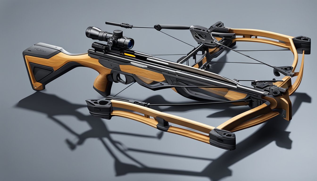 A sleek modern crossbow with advanced technology, set against a backdrop of ancient hunting tools and techniques