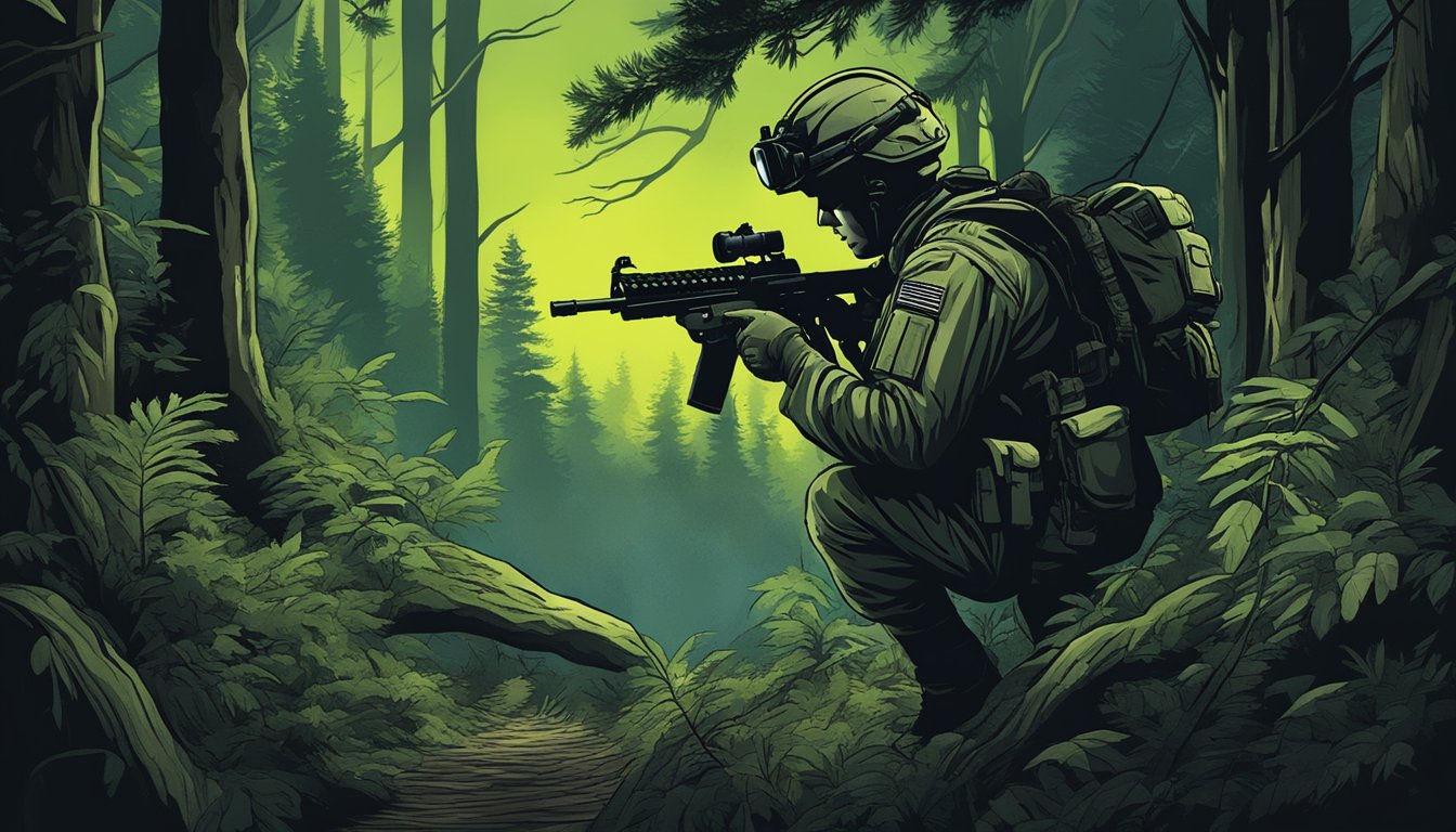 A soldier using night vision goggles to navigate through a dark, treacherous forest