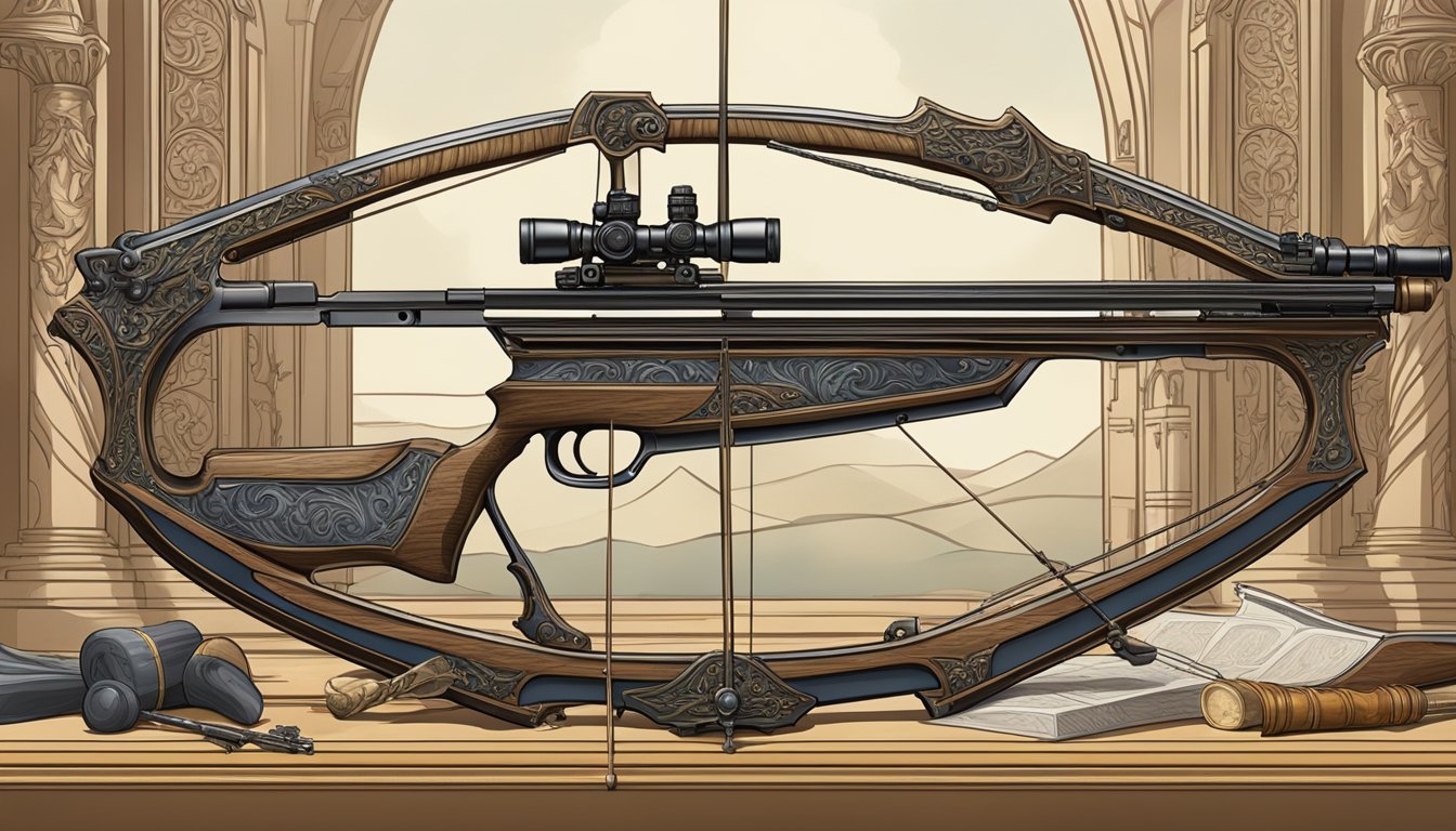 A crossbow, surrounded by traditional and modern projectile weapons, displayed in a Renaissance-style setting with a focus on the intricate details of the crossbow