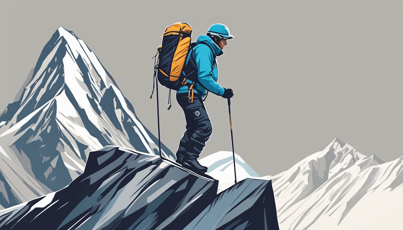 A mountain climber standing on a rugged peak, confidently using budget-friendly gear with prominent big brand logos, outperforming its price tag