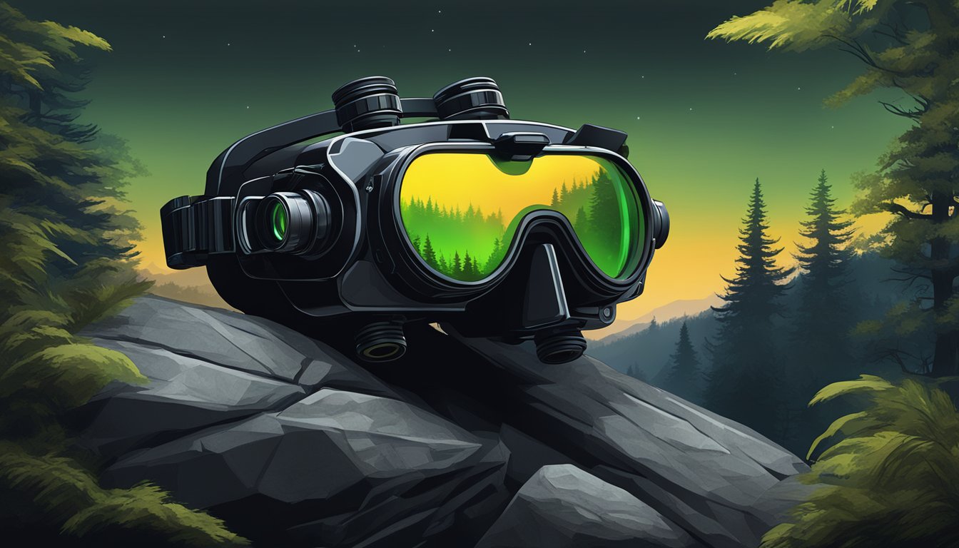 A pair of high-tech night vision goggles perched on a rocky ledge, overlooking a dark and mysterious forest