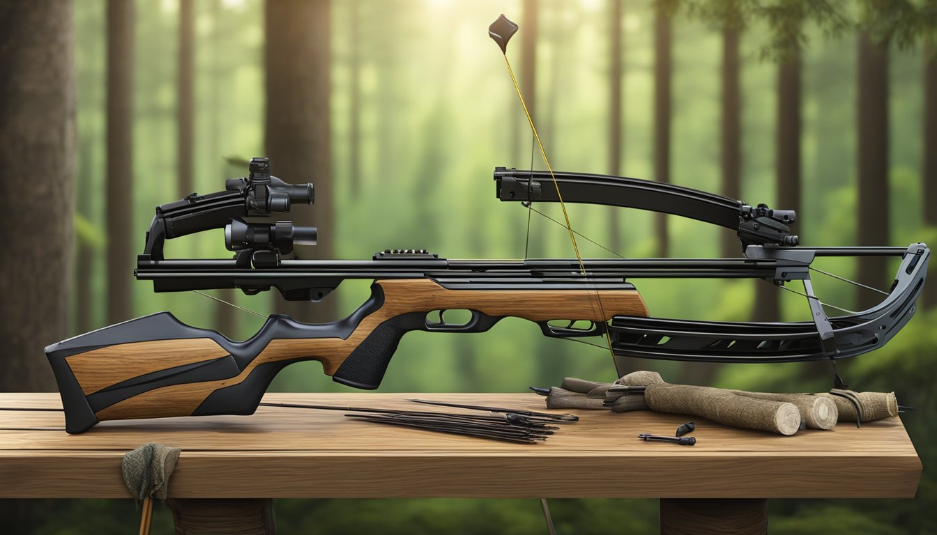 A modern crossbow mounted on a rustic wooden stand, surrounded by arrows and hunting gear, with a backdrop of forest and wildlife