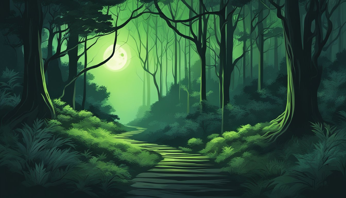 A dark, moonlit forest with a winding path, illuminated by the soft green glow of night vision equipment. Trees and foliage cast eerie shadows