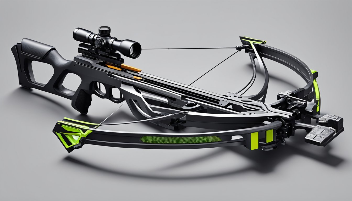 A sleek, futuristic crossbow with advanced scope and carbon fiber construction, surrounded by high-tech arrows and precision accessories