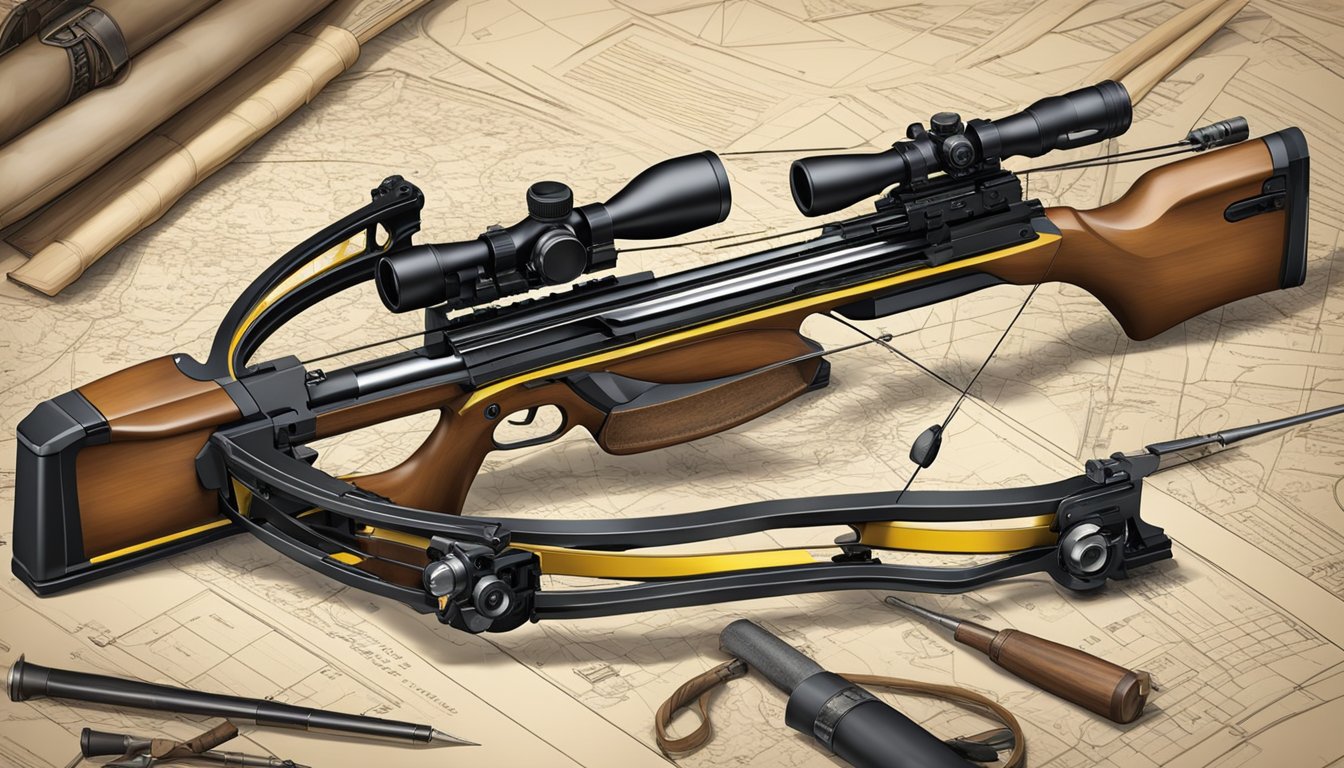 A modern crossbow with safety features, set against a backdrop of historical hunting equipment and legislative documents