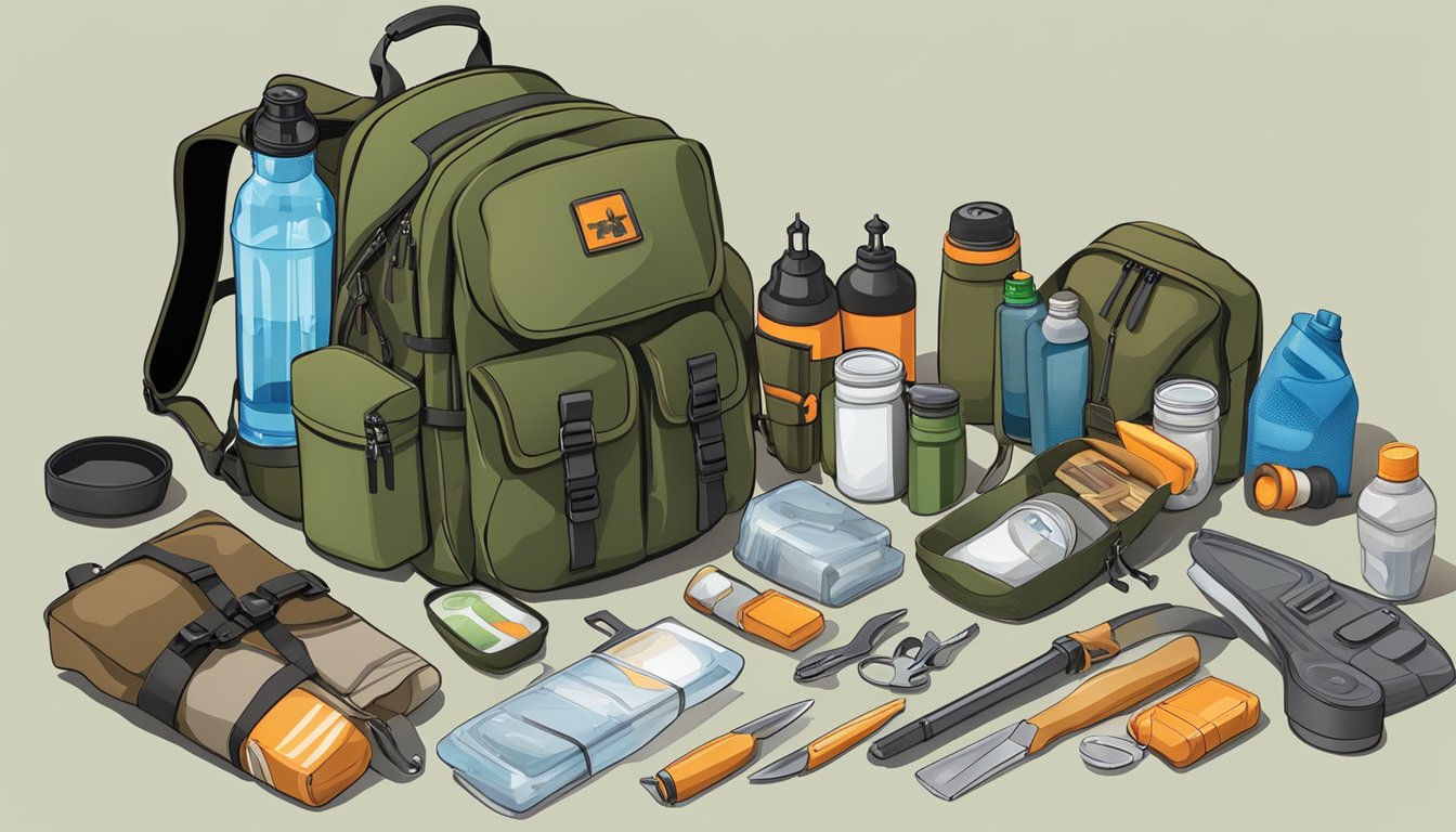 A hunter's backpack open on the ground with a compass, first aid kit, water bottle, knife, and flashlight spilling out