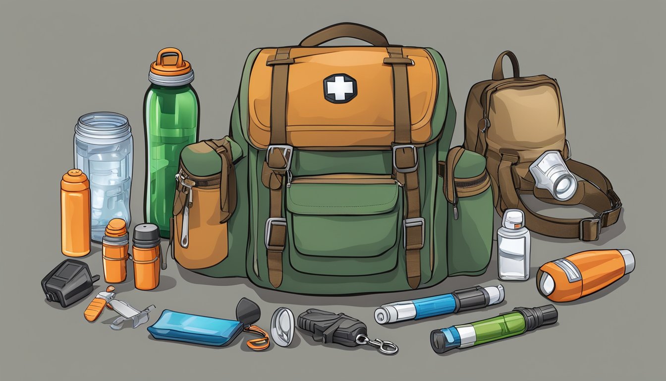 A hunter's backpack open, revealing a first aid kit, water bottle, compass, flashlight, and emergency whistle