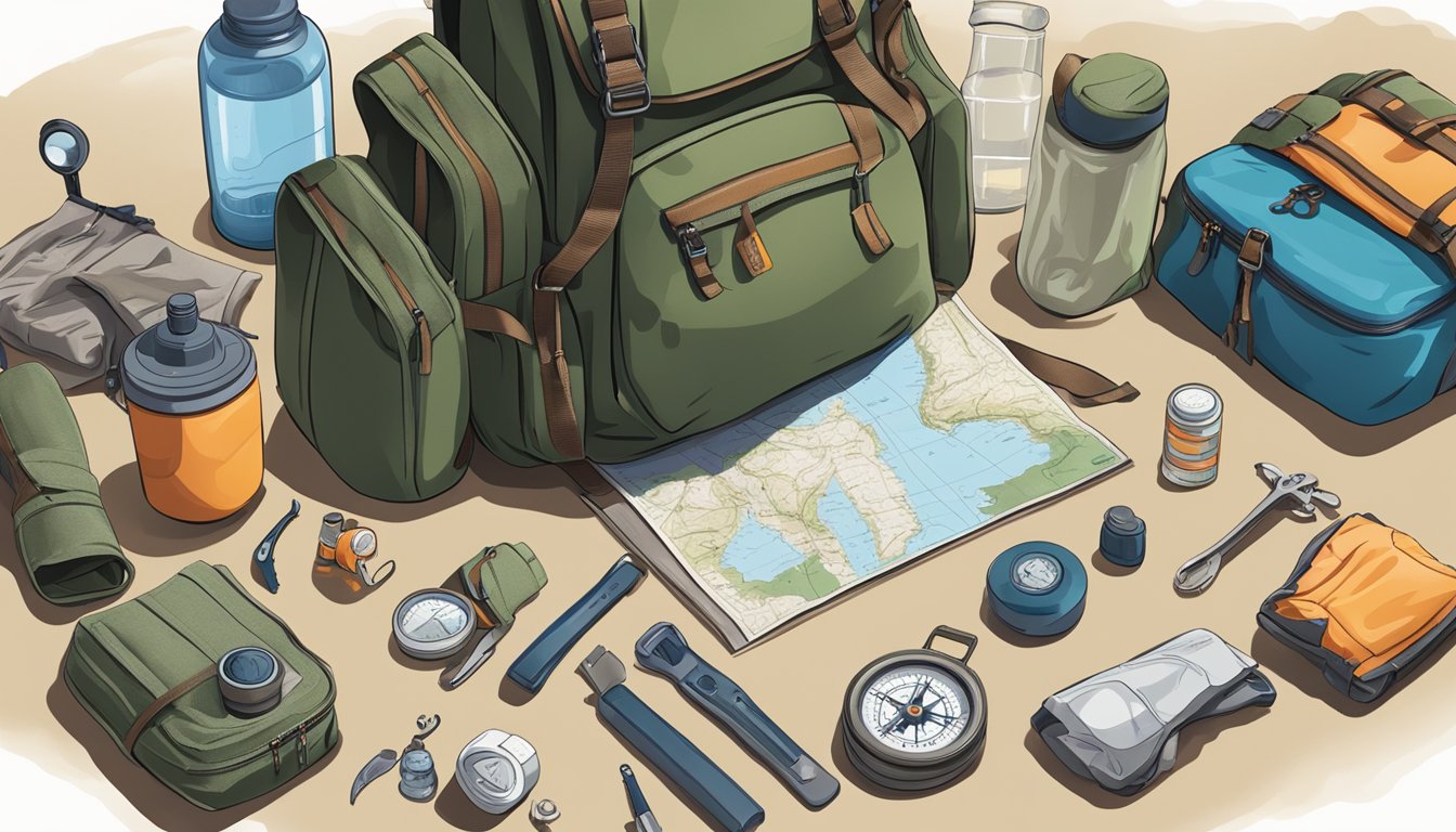 A hunter's backpack open on the ground, with a compass, first aid kit, multi-tool, water bottle, and map spread out next to it