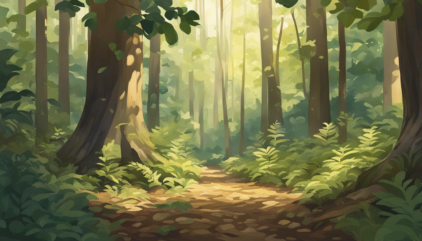 A dense forest with a mix of green, brown, and tan foliage, with dappled sunlight filtering through the trees onto the forest floor