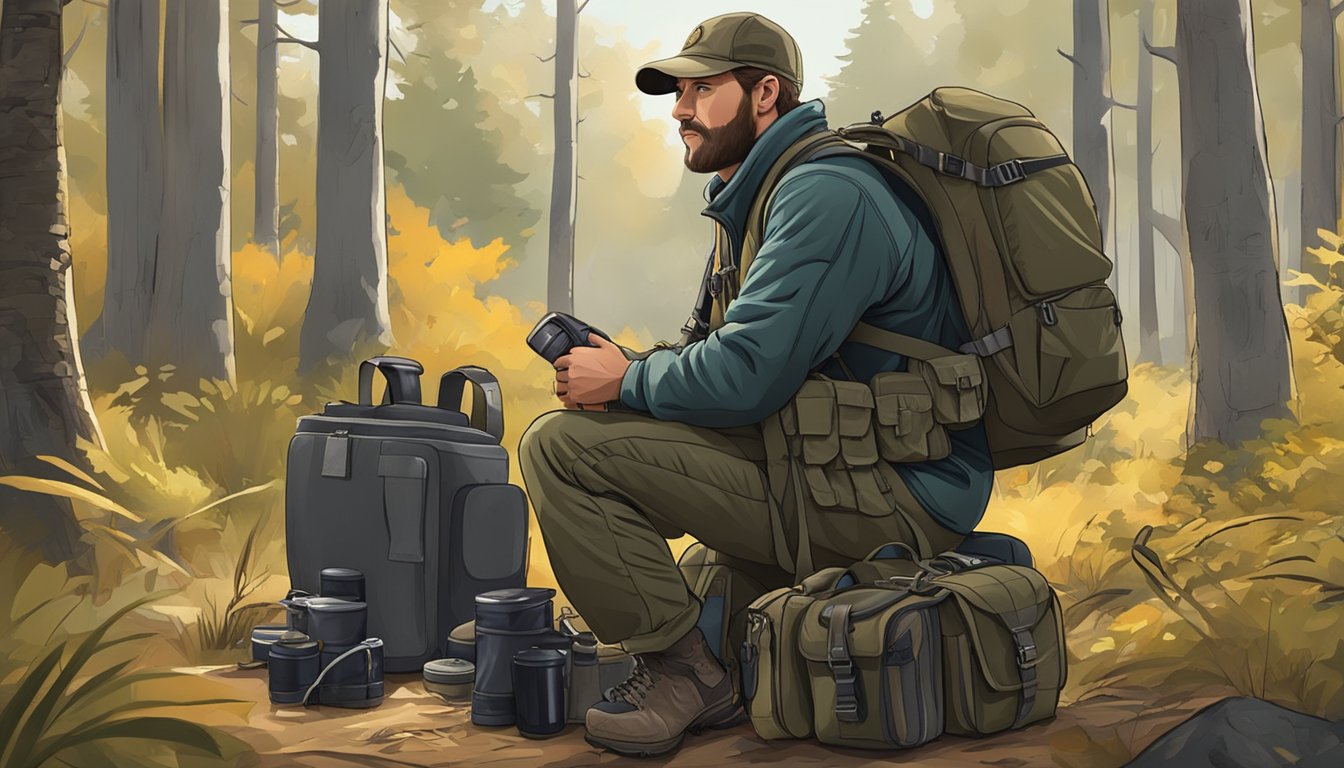 A hunter kneeling next to a large, durable backpack filled with hunting gear and game hauling equipment in a wooded setting