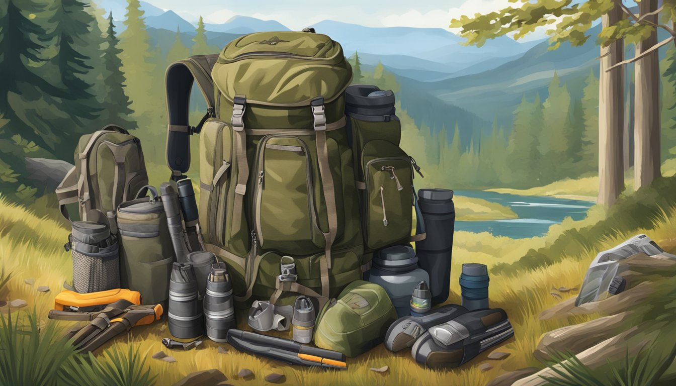 A rugged backpack filled with hunting gear and game, surrounded by a forest setting with trees and wildlife in the background