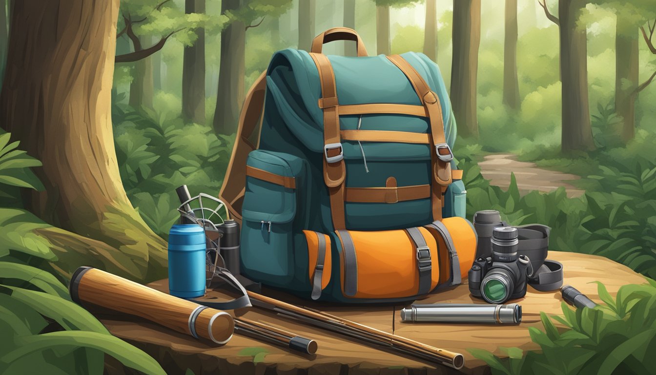 A backpack loaded with hunting gear, fishing rods, and camping equipment rests against a tree in a lush forest setting