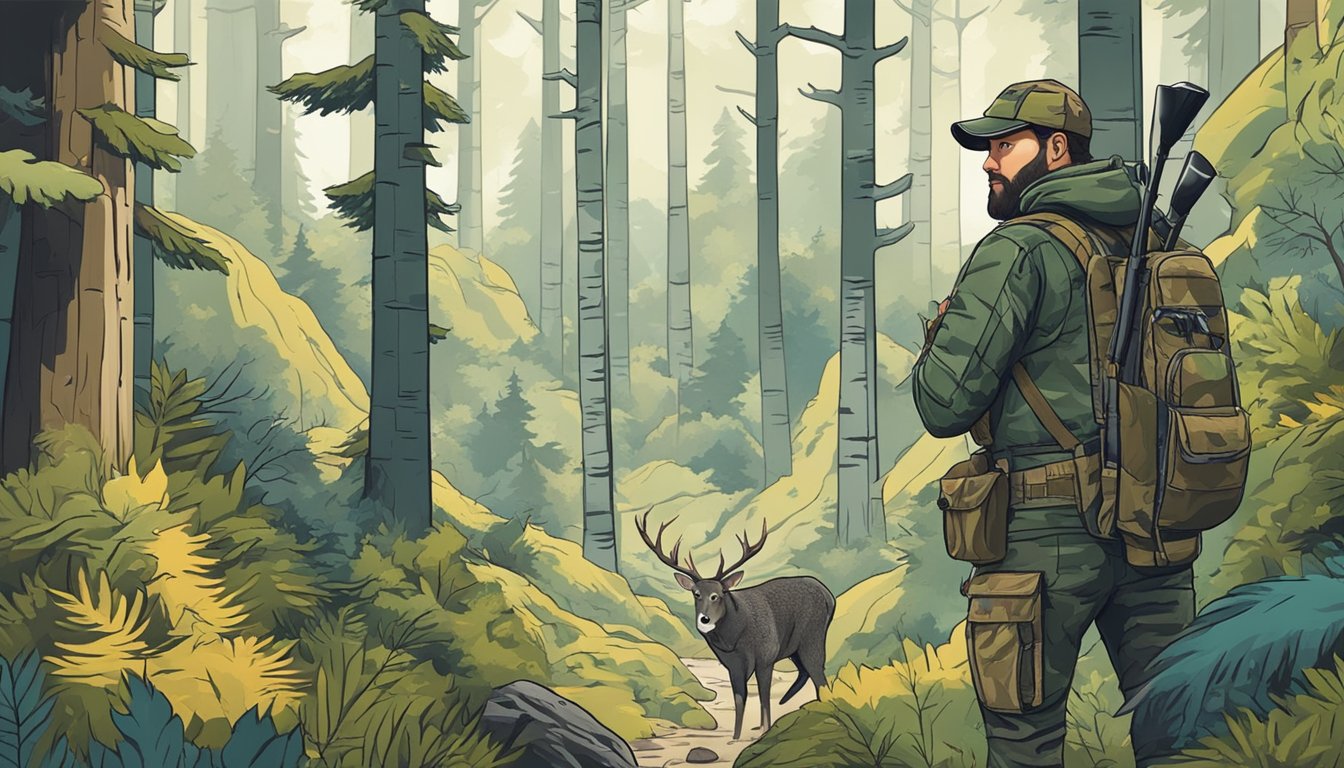 A hunter stands in a forest, surrounded by various types of terrain. They hold up different camo patterns, trying to decide which one is best for their hunting environment