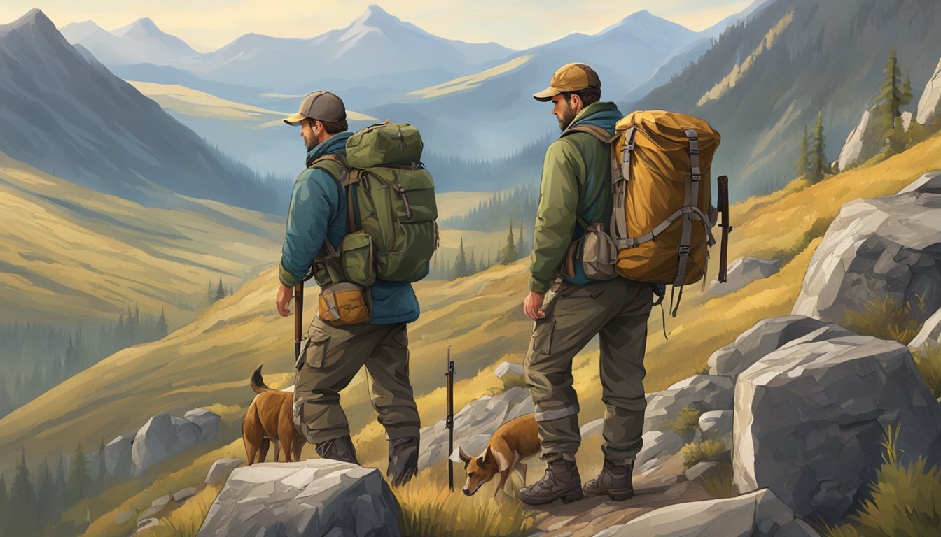 A rugged, mountainous landscape with a hunter's pack filled with game and hauling equipment, including a sturdy frame pack and game bags