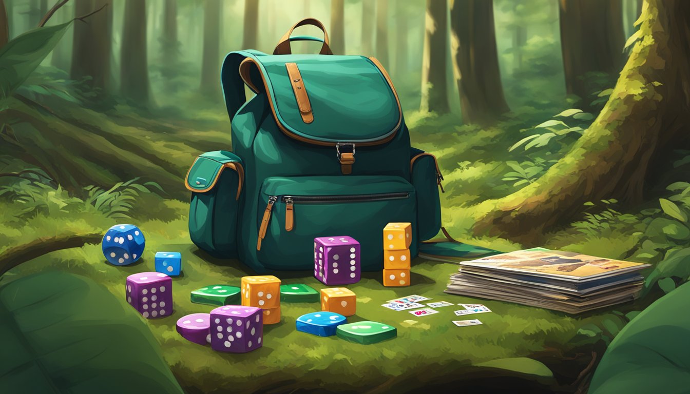 A backpack filled with board games, card holders, and dice bags sits next to a collapsible game table in a lush forest clearing