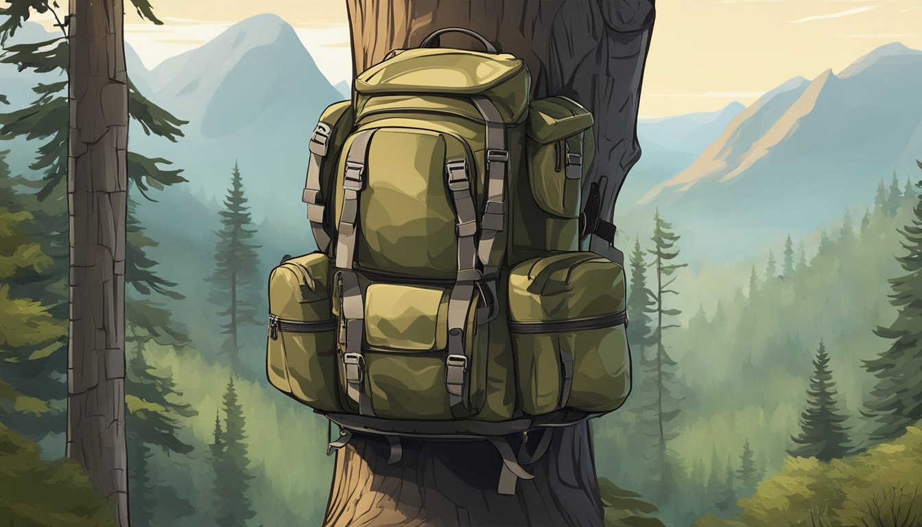 A rugged hunting backpack hanging from a tree branch, surrounded by dense forest and rugged terrain