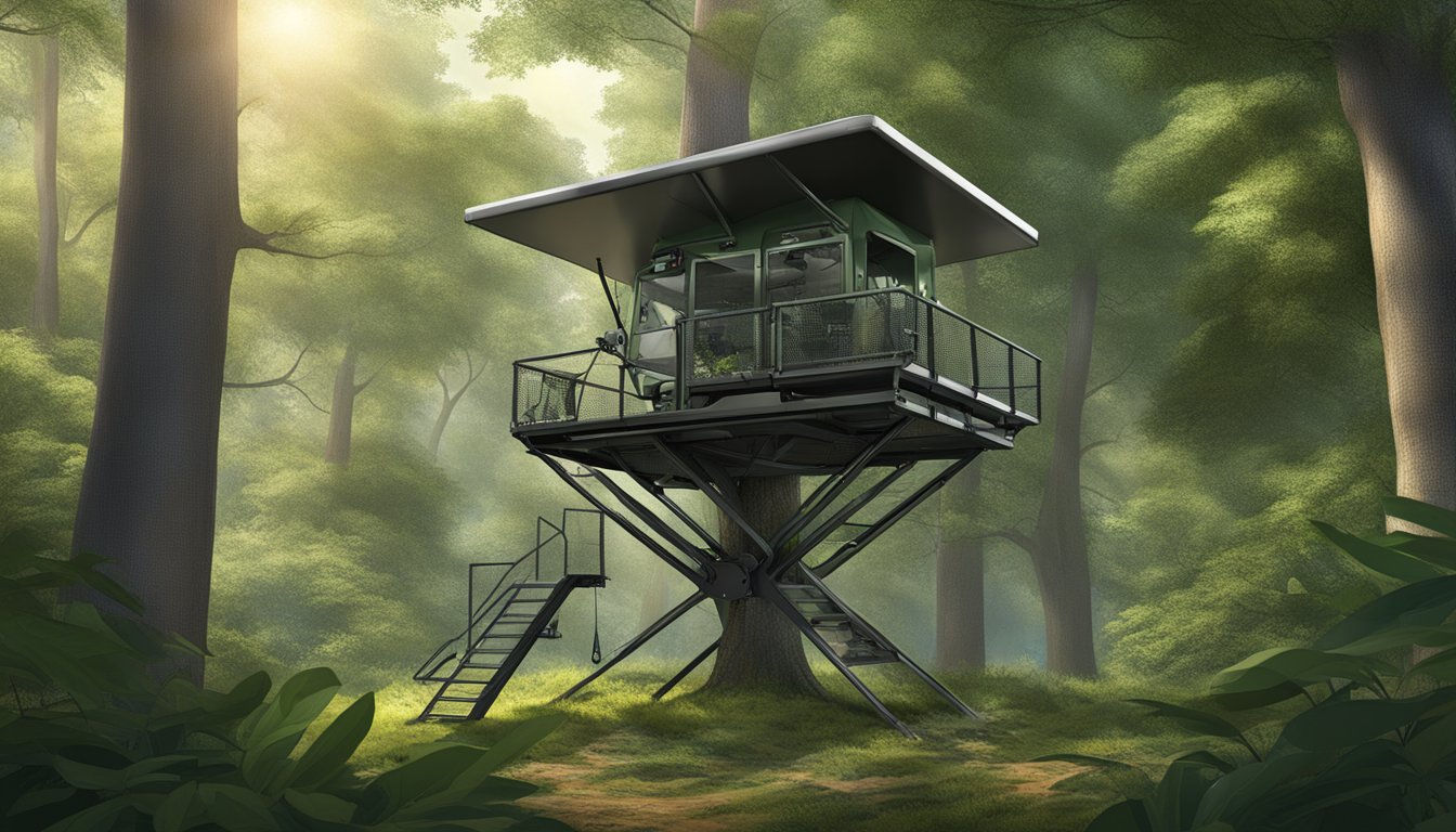 A high-tech tree stand nestled among lush green foliage, showcasing innovative design and safety features for a comfortable and secure hunting experience