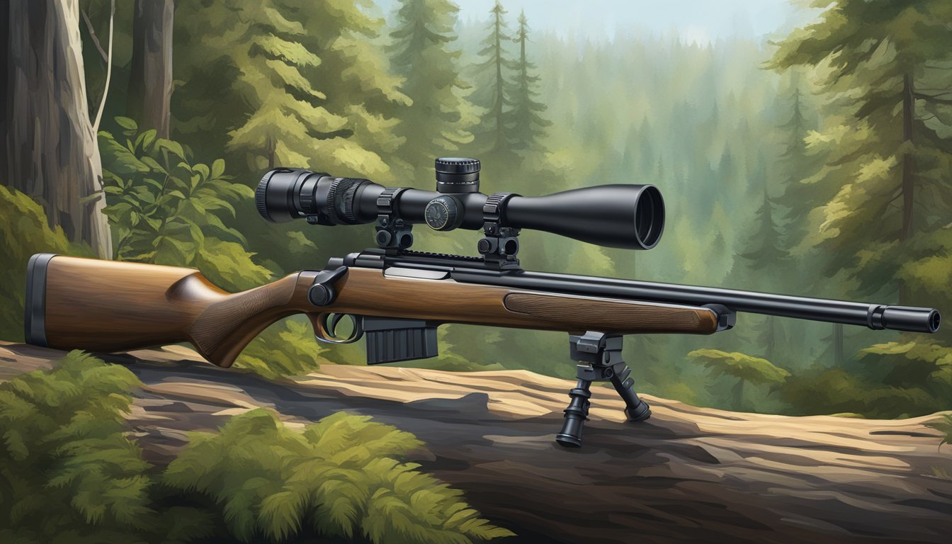 A hunter's rifle with a rugged scope attached, surrounded by dense forest and wildlife